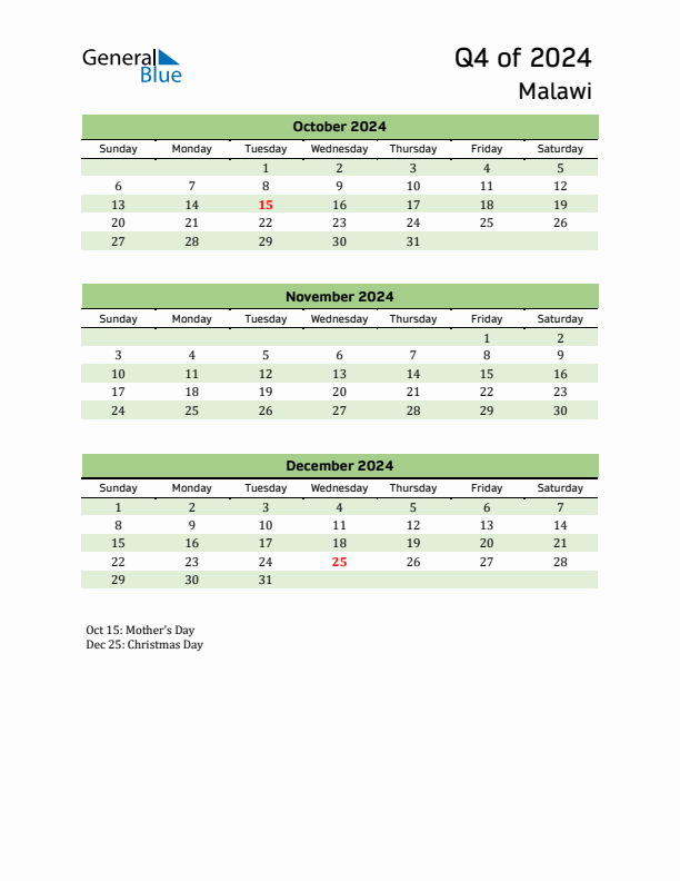Quarterly Calendar 2024 with Malawi Holidays