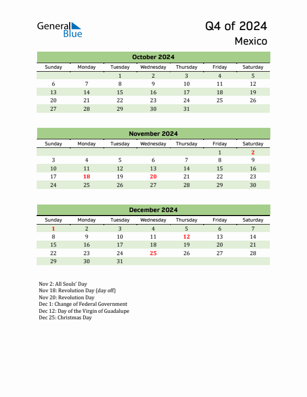 Quarterly Calendar 2024 with Mexico Holidays