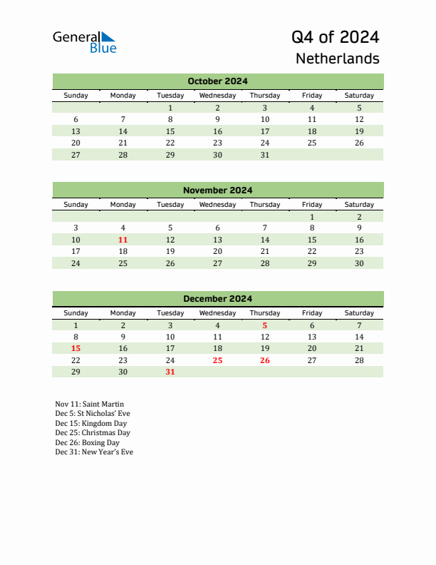 Q4 2024 Quarterly Calendar with The Netherlands Holidays (PDF, Excel, Word)