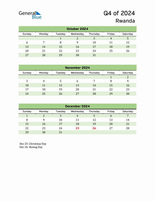 Quarterly Calendar 2024 with Rwanda Holidays