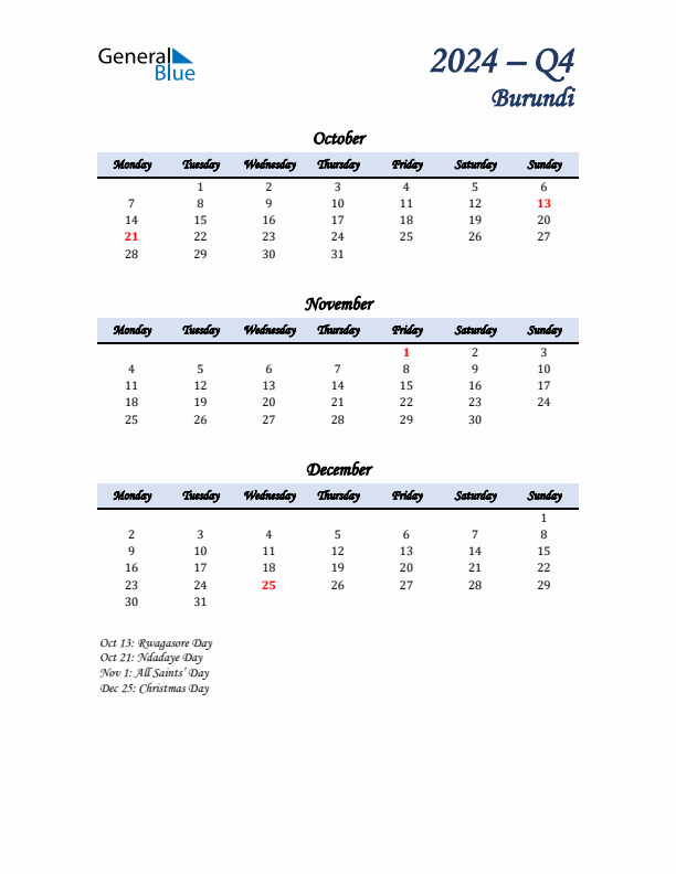 October, November, and December Calendar for Burundi with Monday Start