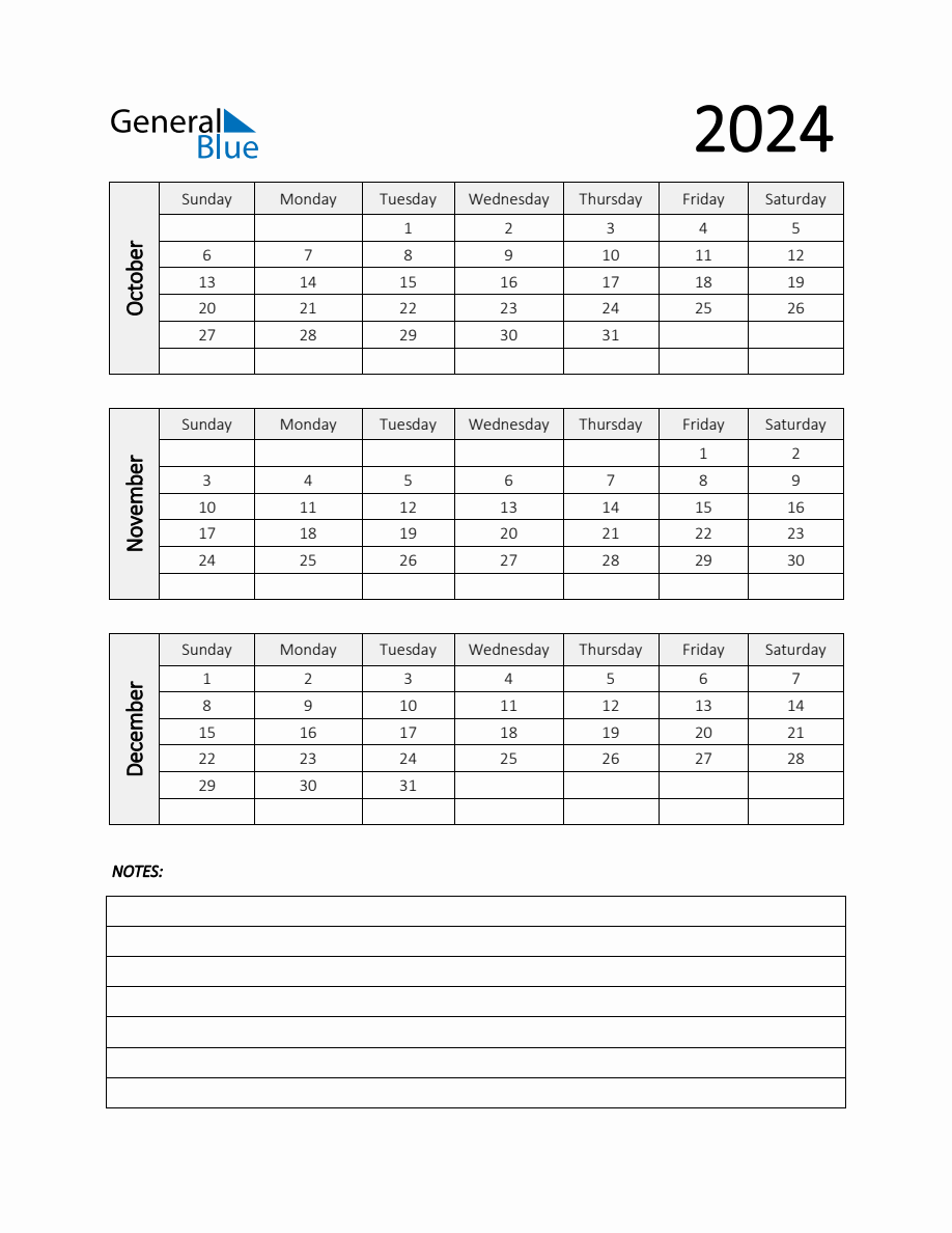 Q4 2024 Calendar Template with Notes in PDF, Word, and Excel