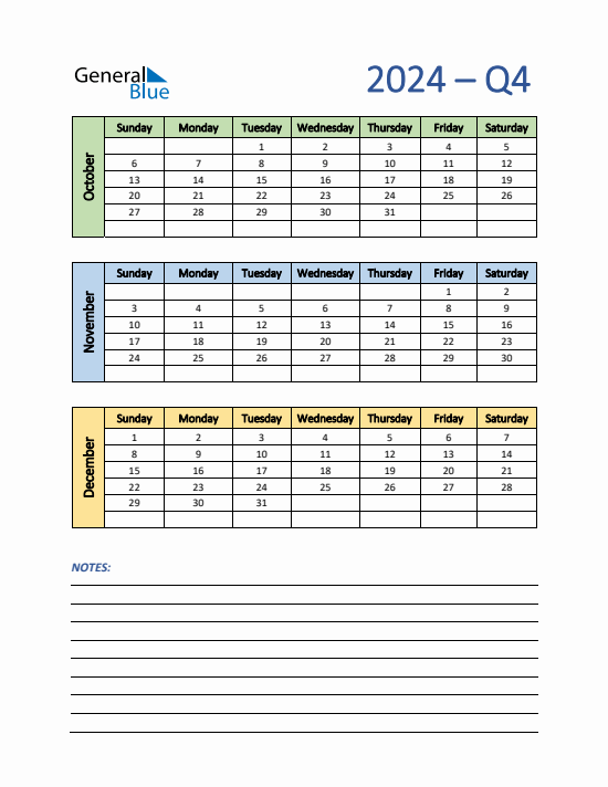 Quarter 4 2024 calendar template