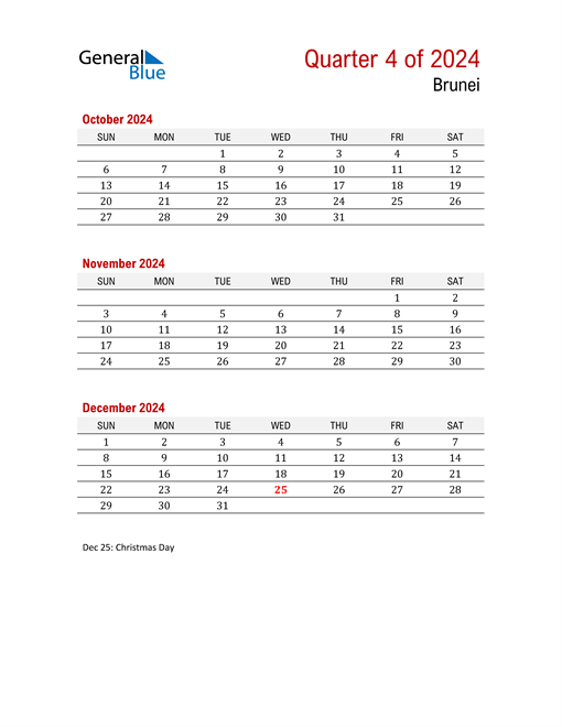  Printable Three Month Calendar for Brunei