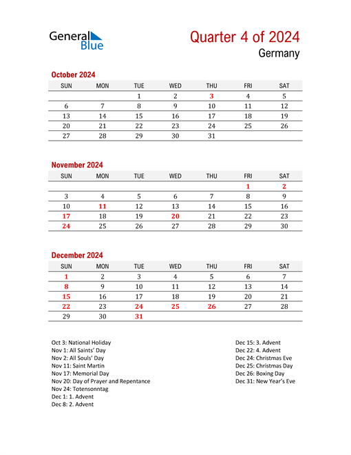  Printable Three Month Calendar for Germany