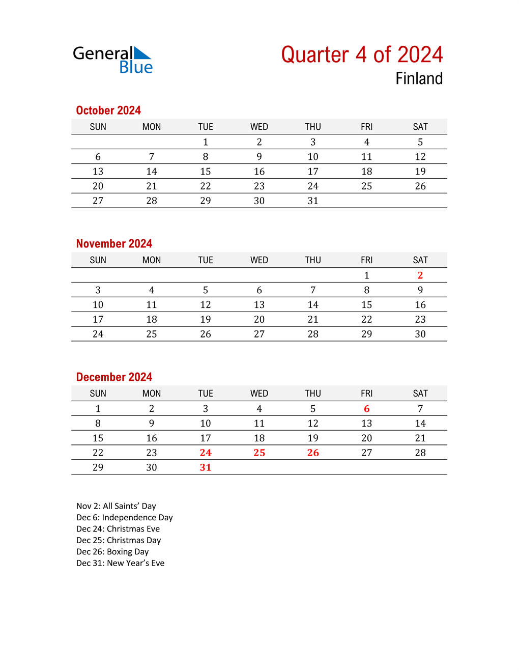  Printable Three Month Calendar for Finland