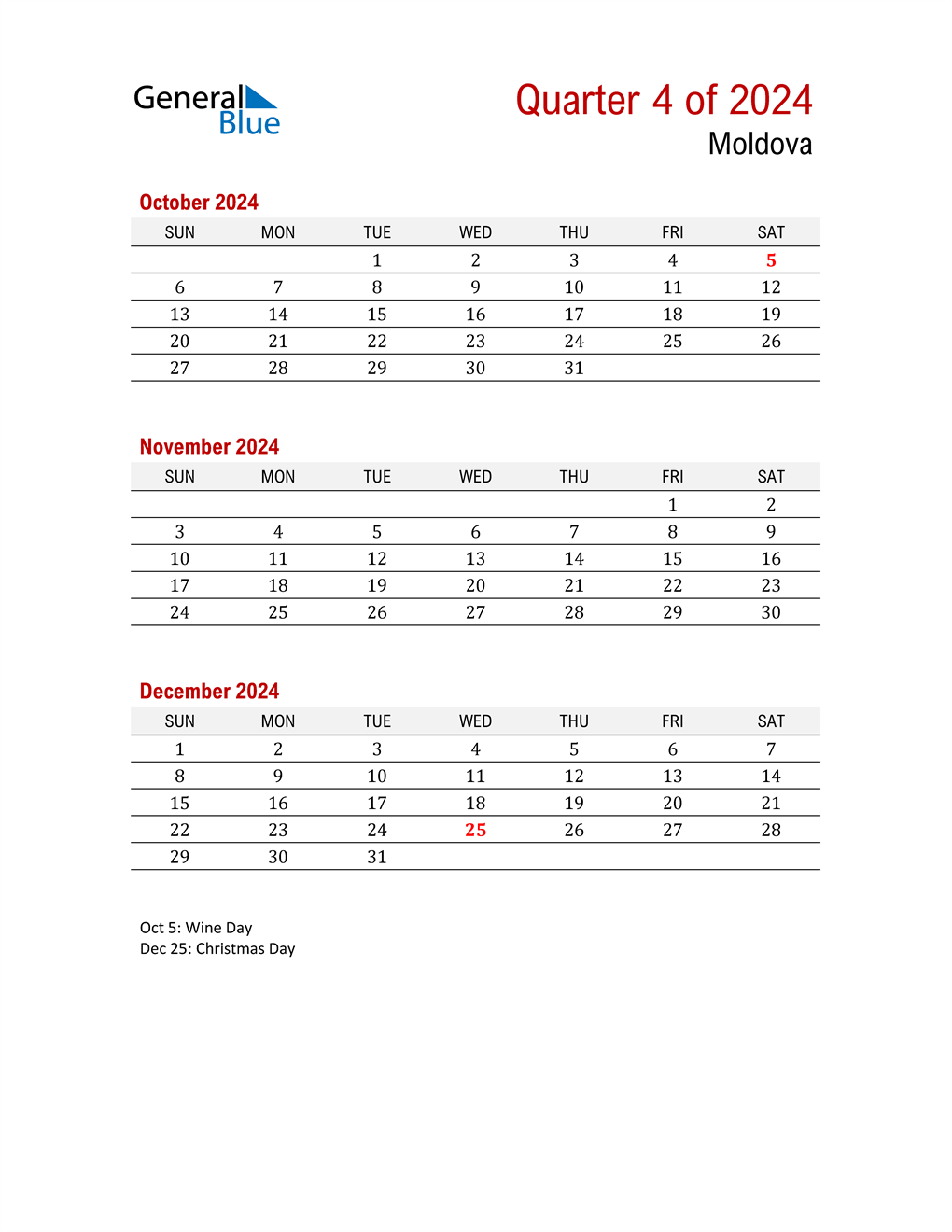  Printable Three Month Calendar for Moldova