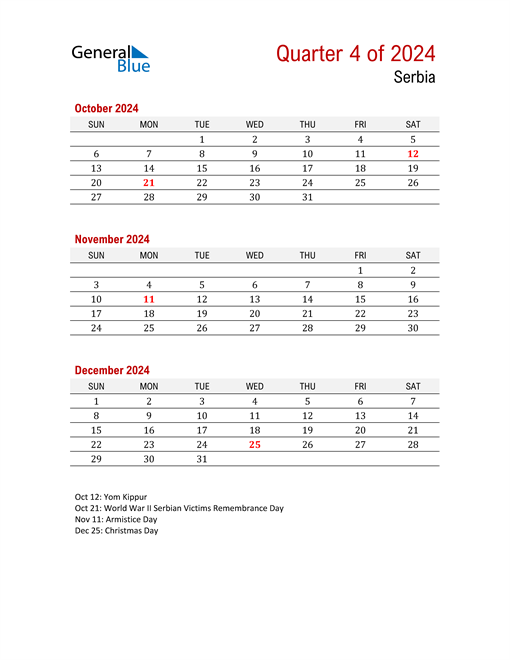  Printable Three Month Calendar for Serbia