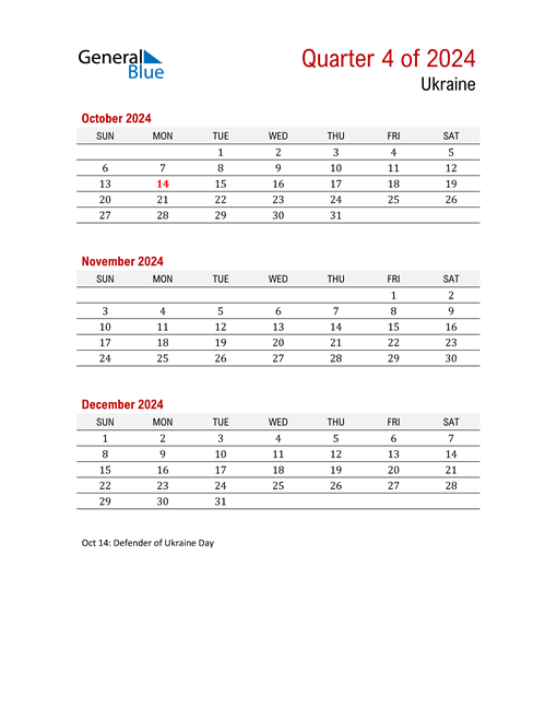  Printable Three Month Calendar for Ukraine