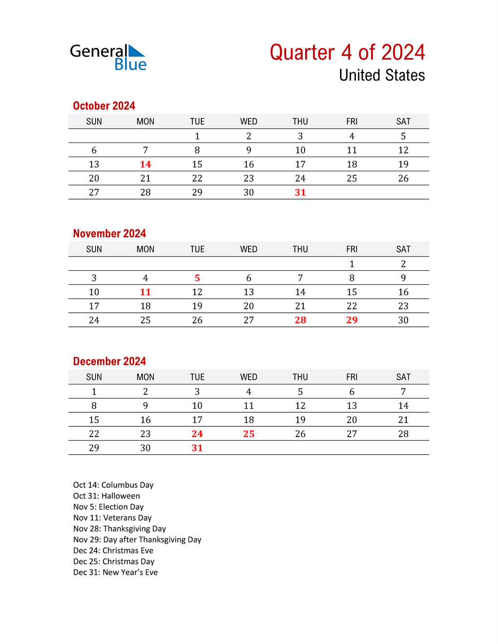 Q4 2024 Quarterly Calendar With United States Holidays