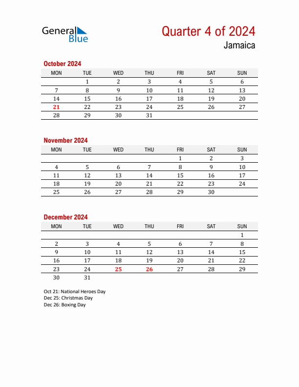 Threemonth calendar for Jamaica Q4 of 2024