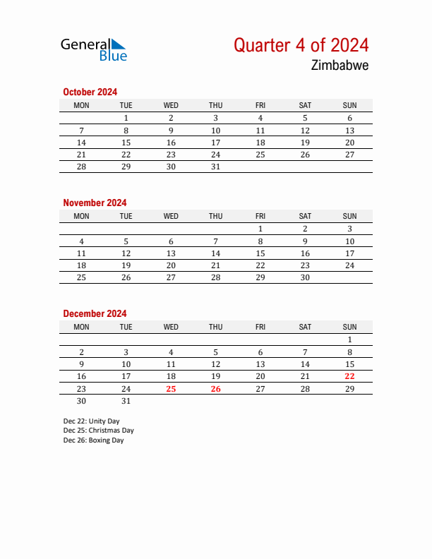 Threemonth calendar for Zimbabwe Q4 of 2024