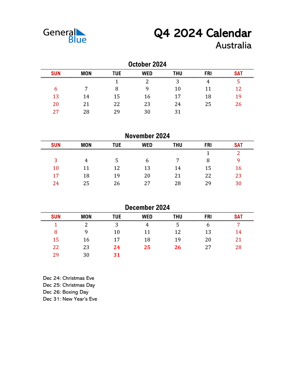 Q4 2024 Quarterly Calendar with Australia Holidays