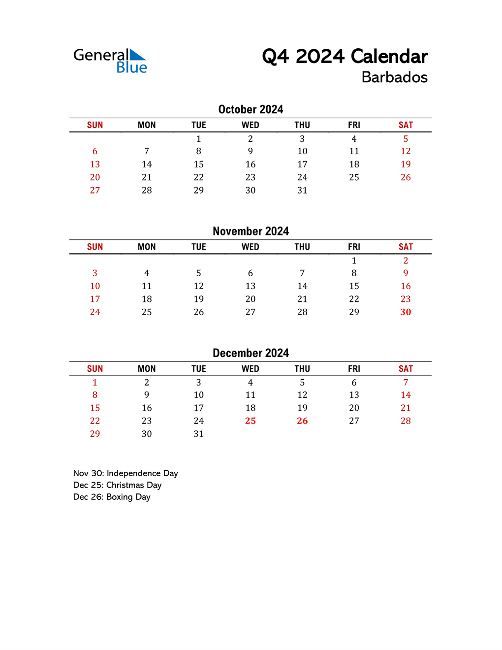 Q4 2024 Quarterly Calendar with Barbados Holidays