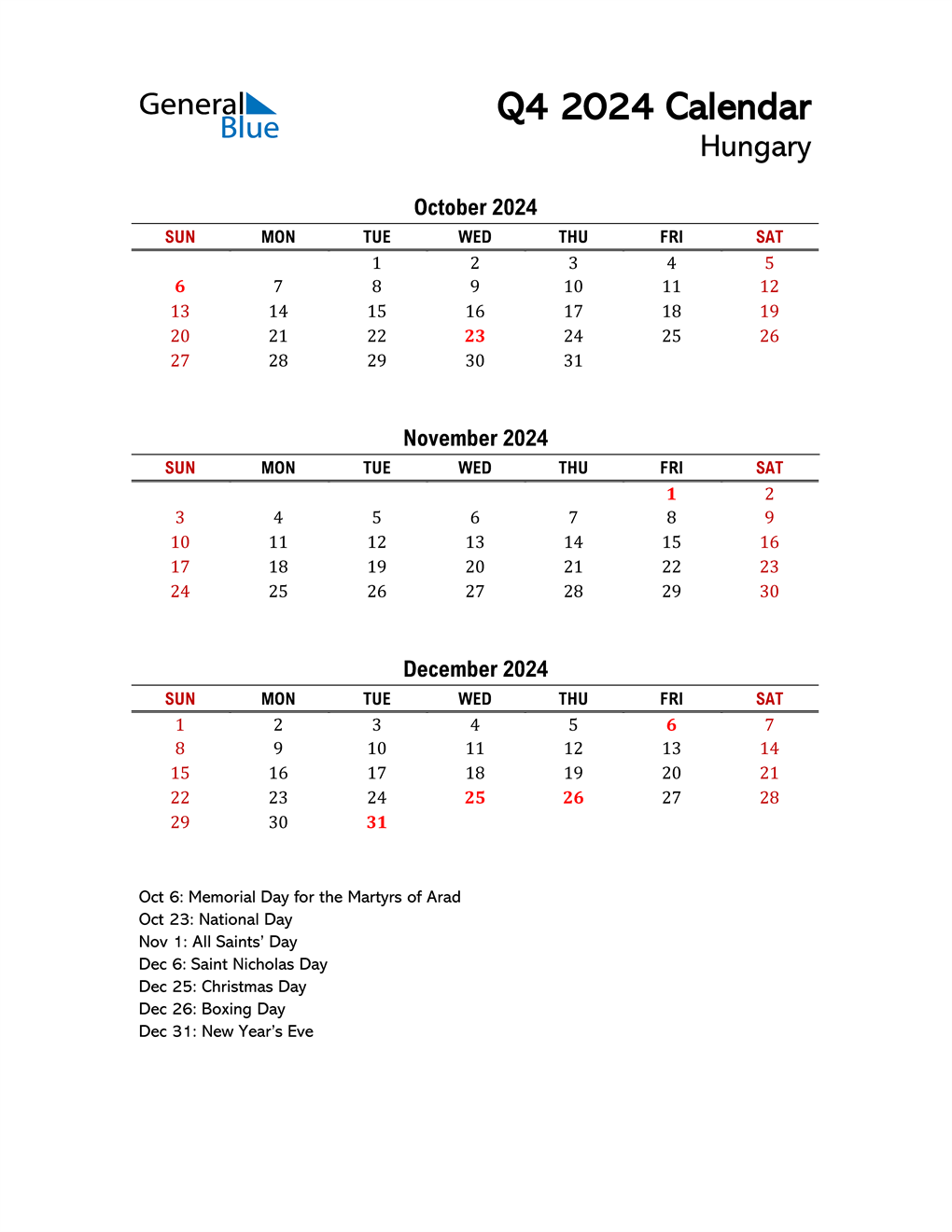 Q4 2024 Quarterly Calendar for Hungary