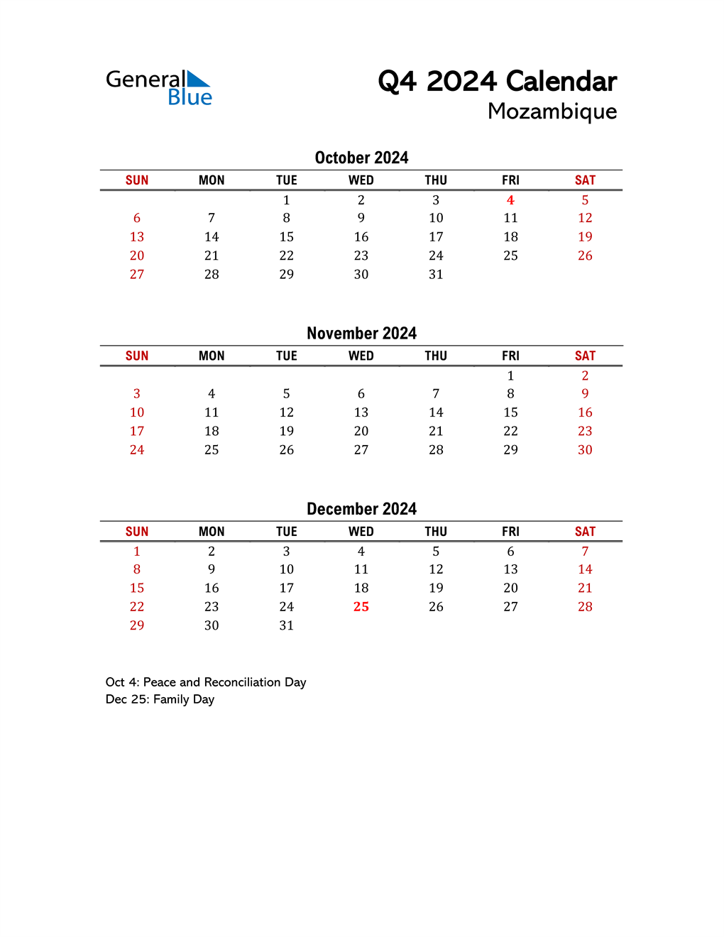 Q4 2024 Quarterly Calendar with Mozambique Holidays