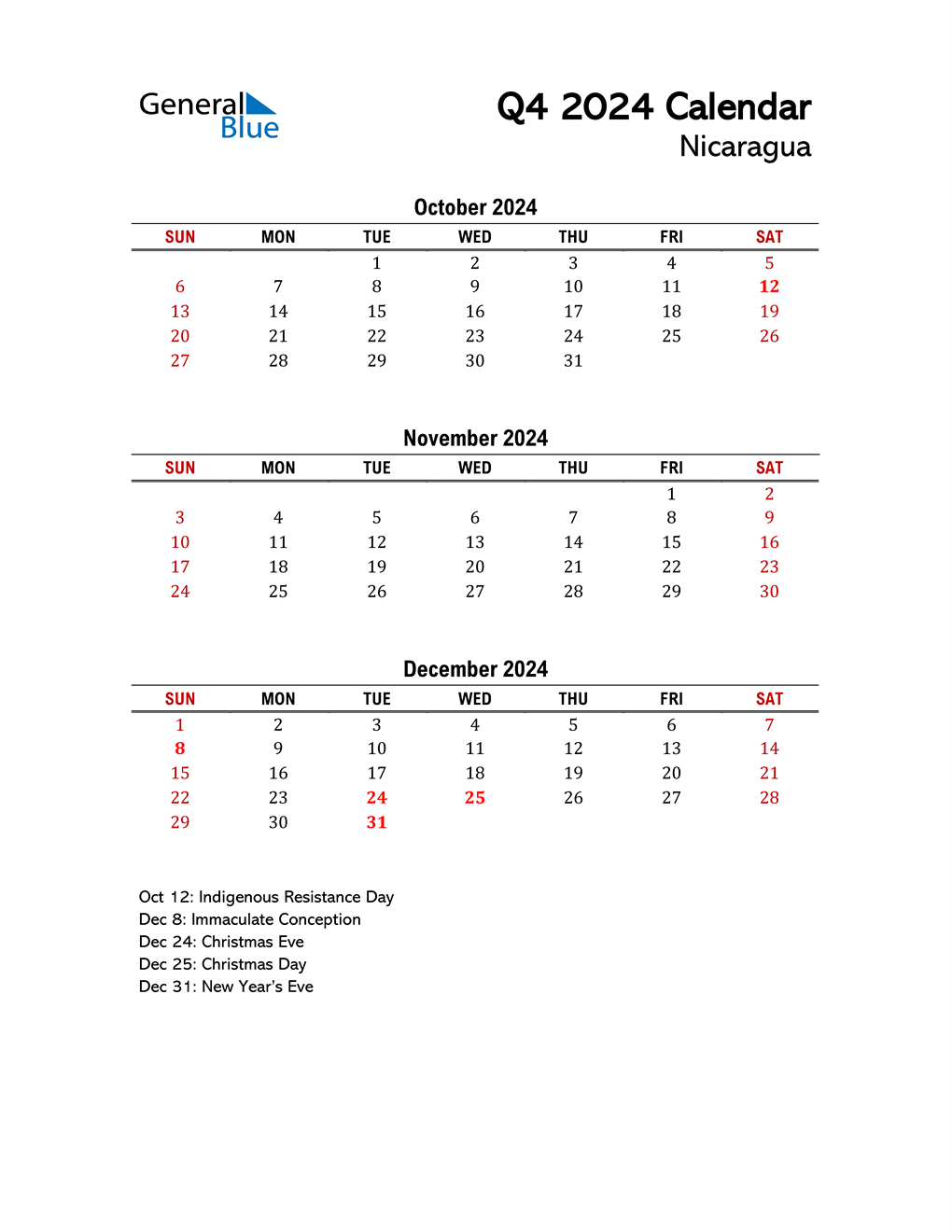 Q4 2024 Quarterly Calendar for Nicaragua