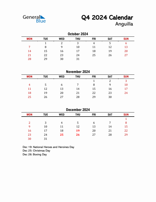 2024 Q4 Calendar with Holidays List for Anguilla
