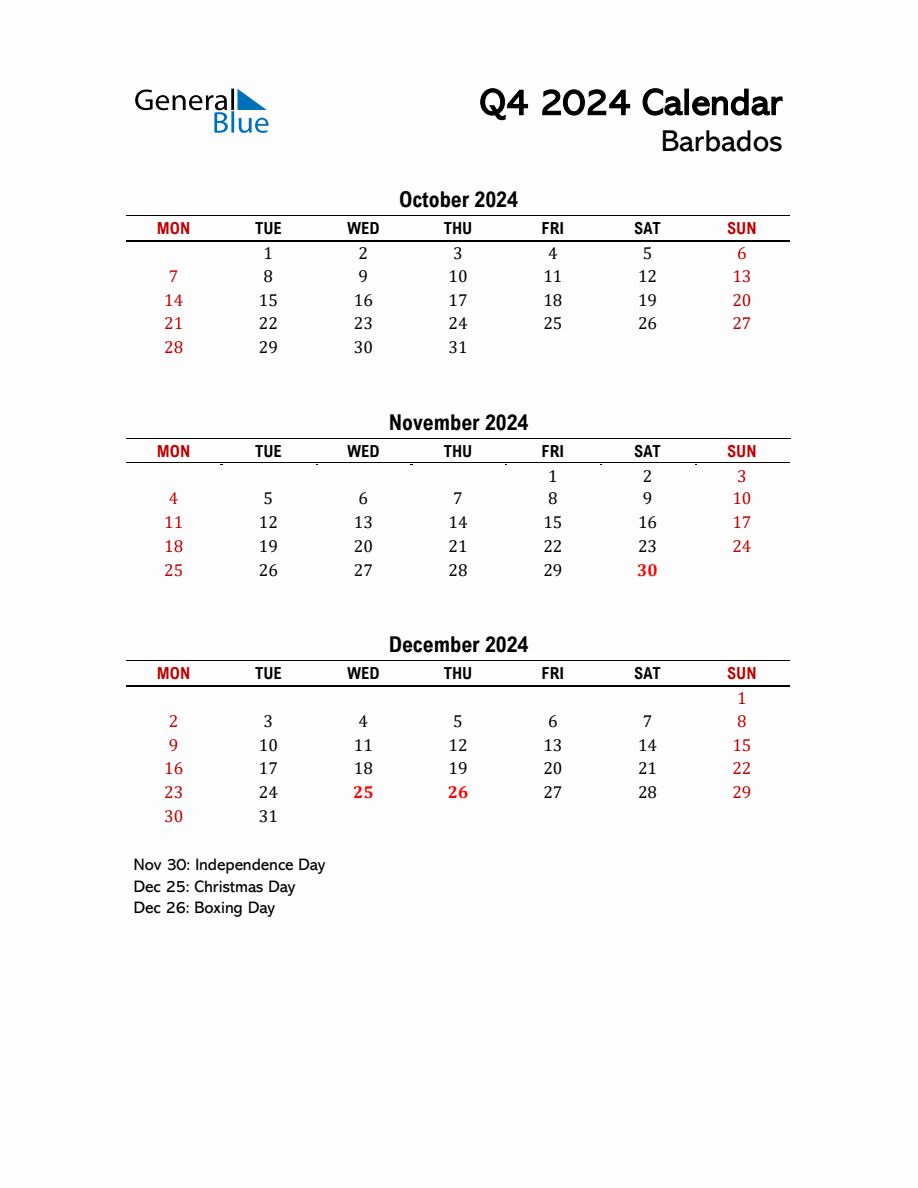 2024 Q4 Calendar with Holidays List for Barbados