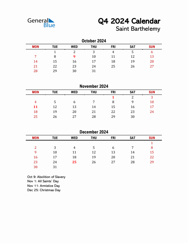 2024 Q4 Calendar with Holidays List for Saint Barthelemy