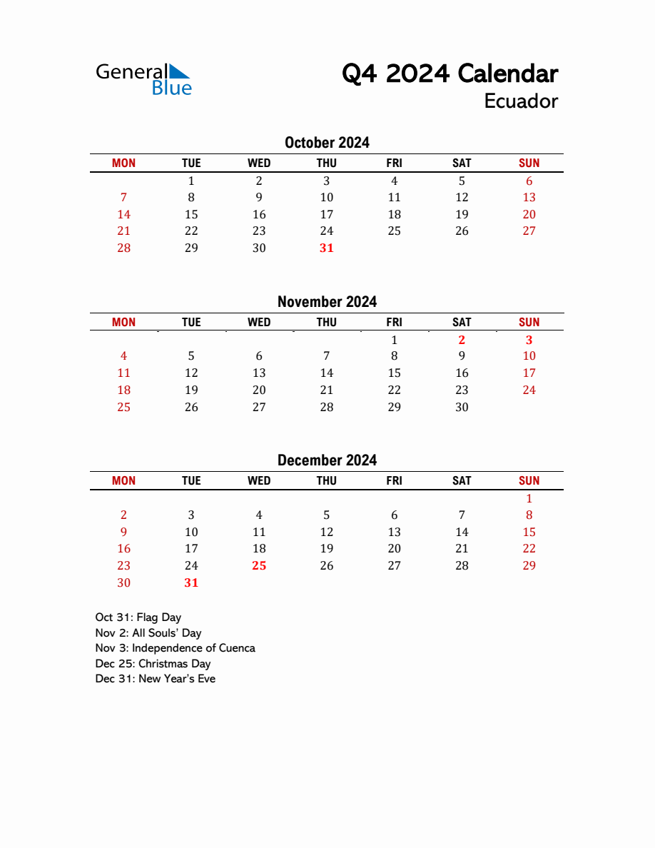 2024 Q4 Calendar with Holidays List for Ecuador