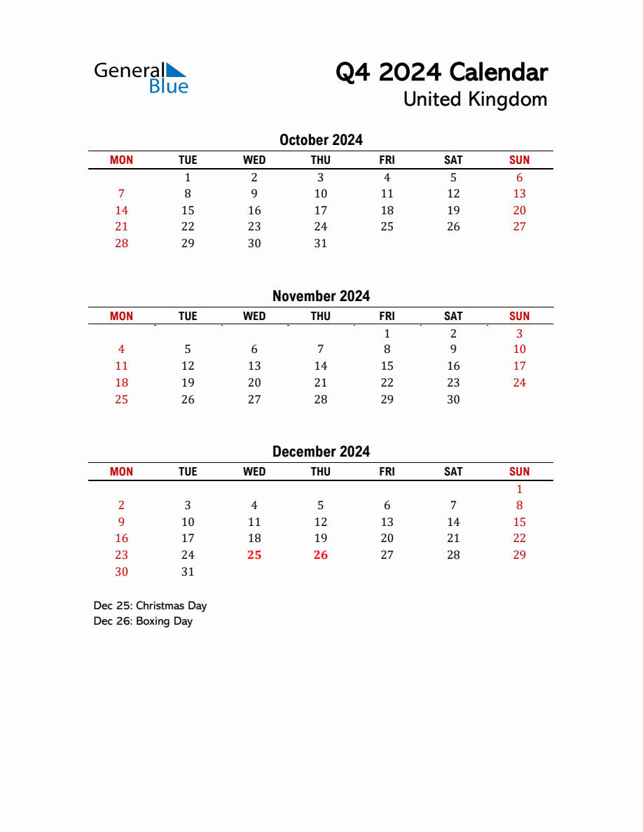 2024 Q4 Calendar with Holidays List for United Kingdom