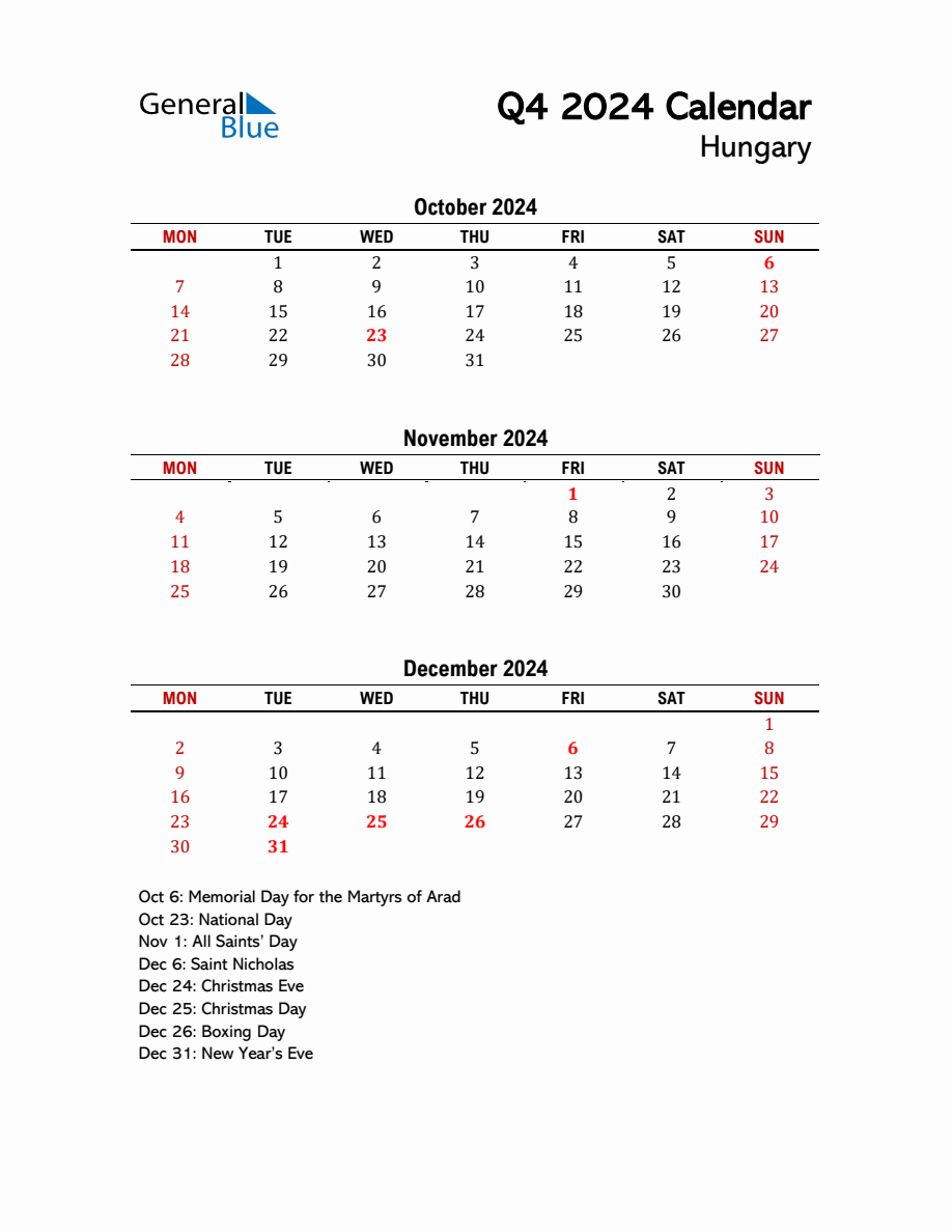 2024 Q4 Calendar with Holidays List for Hungary