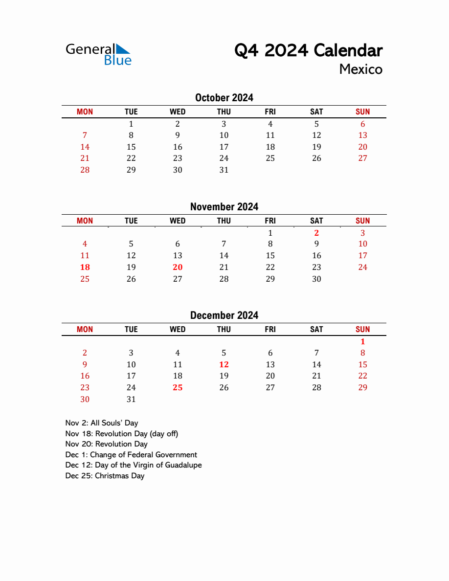 2024 Q4 Calendar with Holidays List for Mexico
