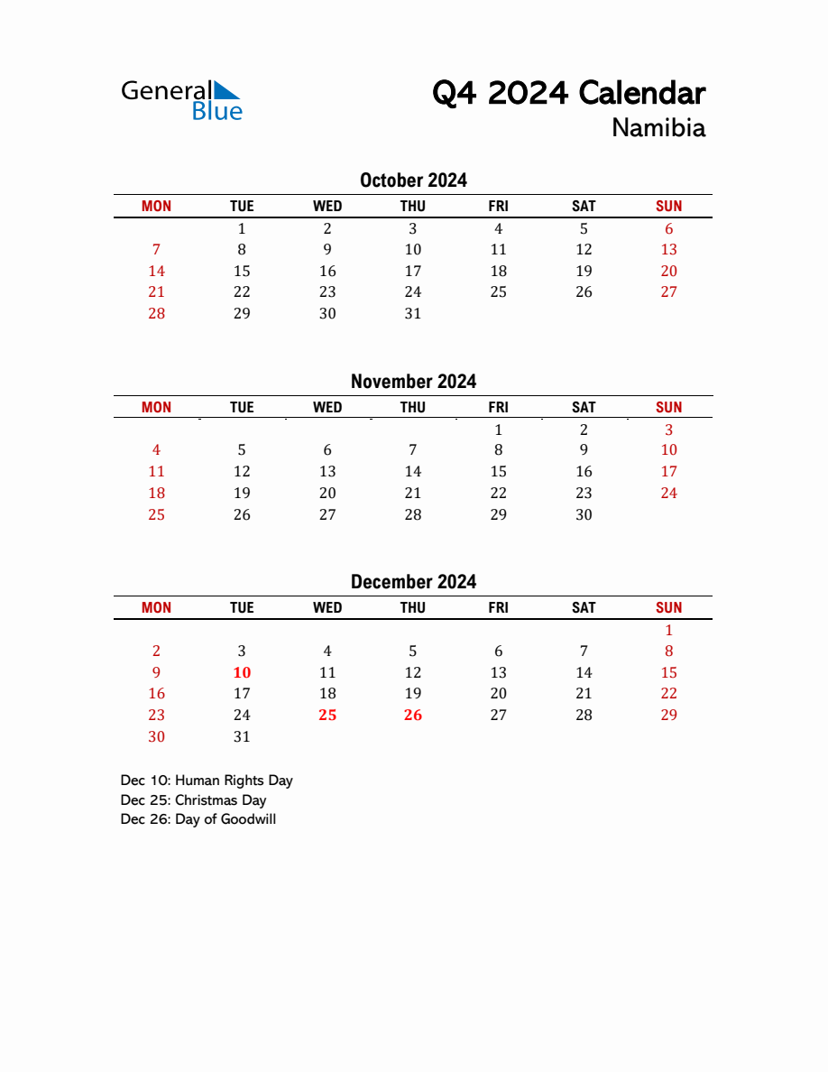 2024 Q4 Calendar with Holidays List for Namibia