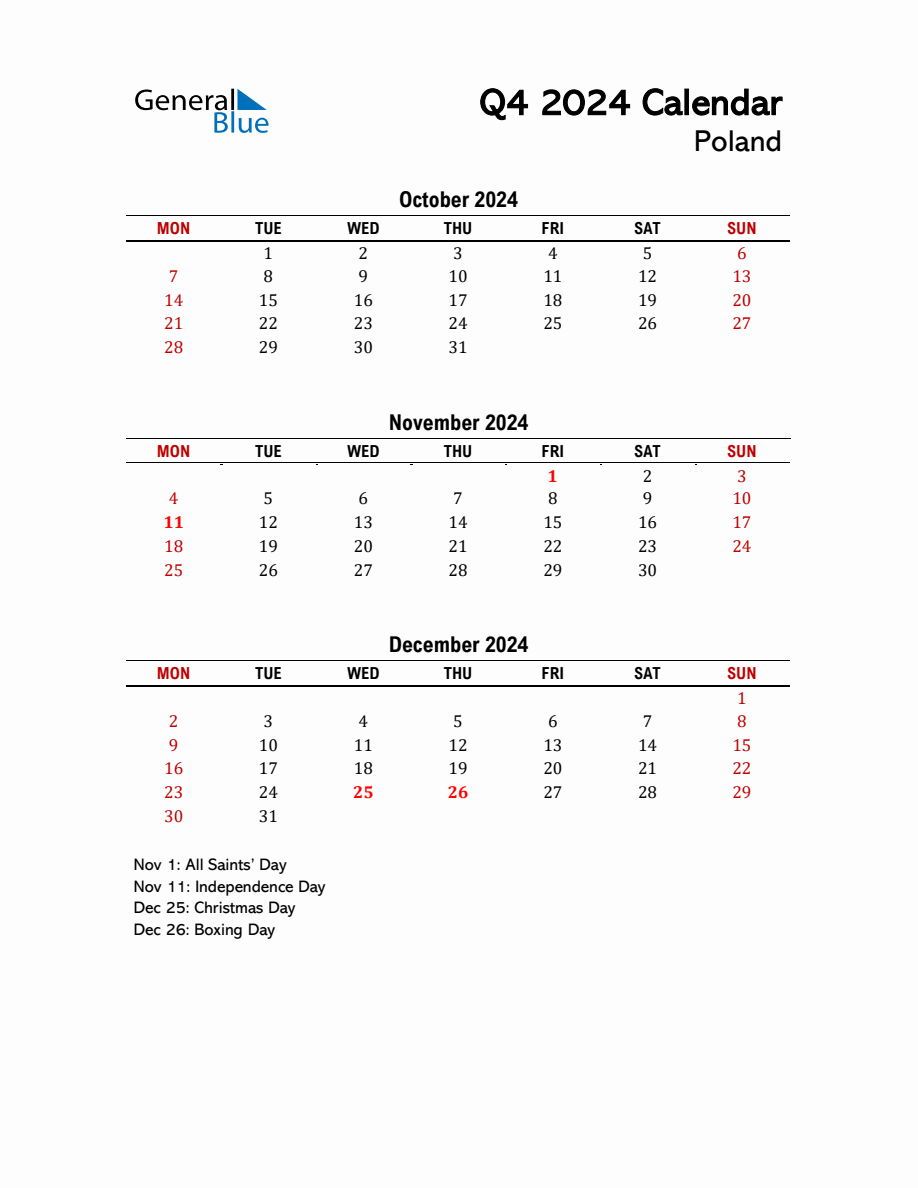 2024 Q4 Calendar with Holidays List for Poland