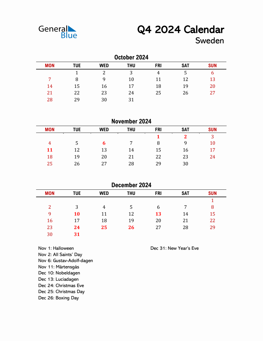 2024 Q4 Calendar with Holidays List for Sweden