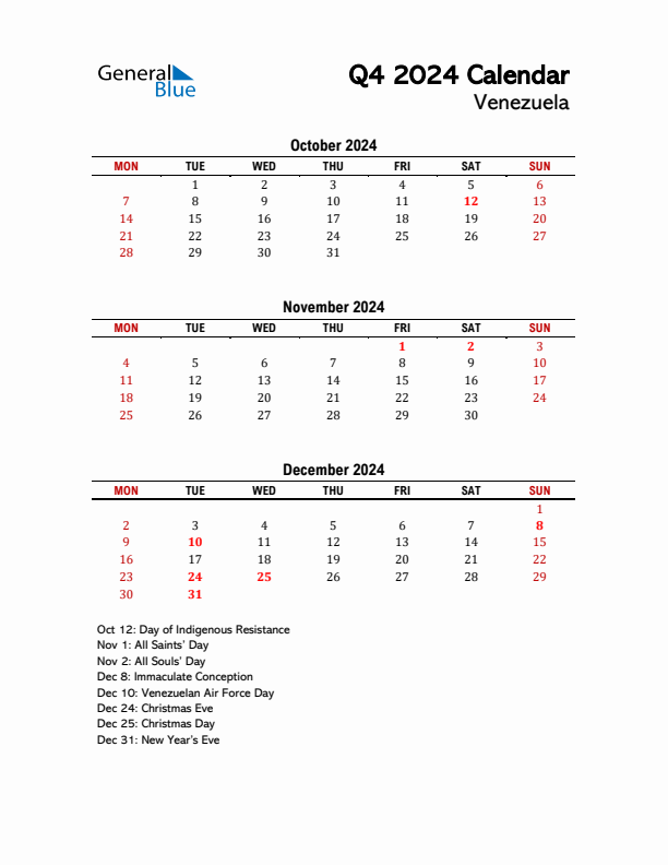 Threemonth calendar for Venezuela Q4 of 2024