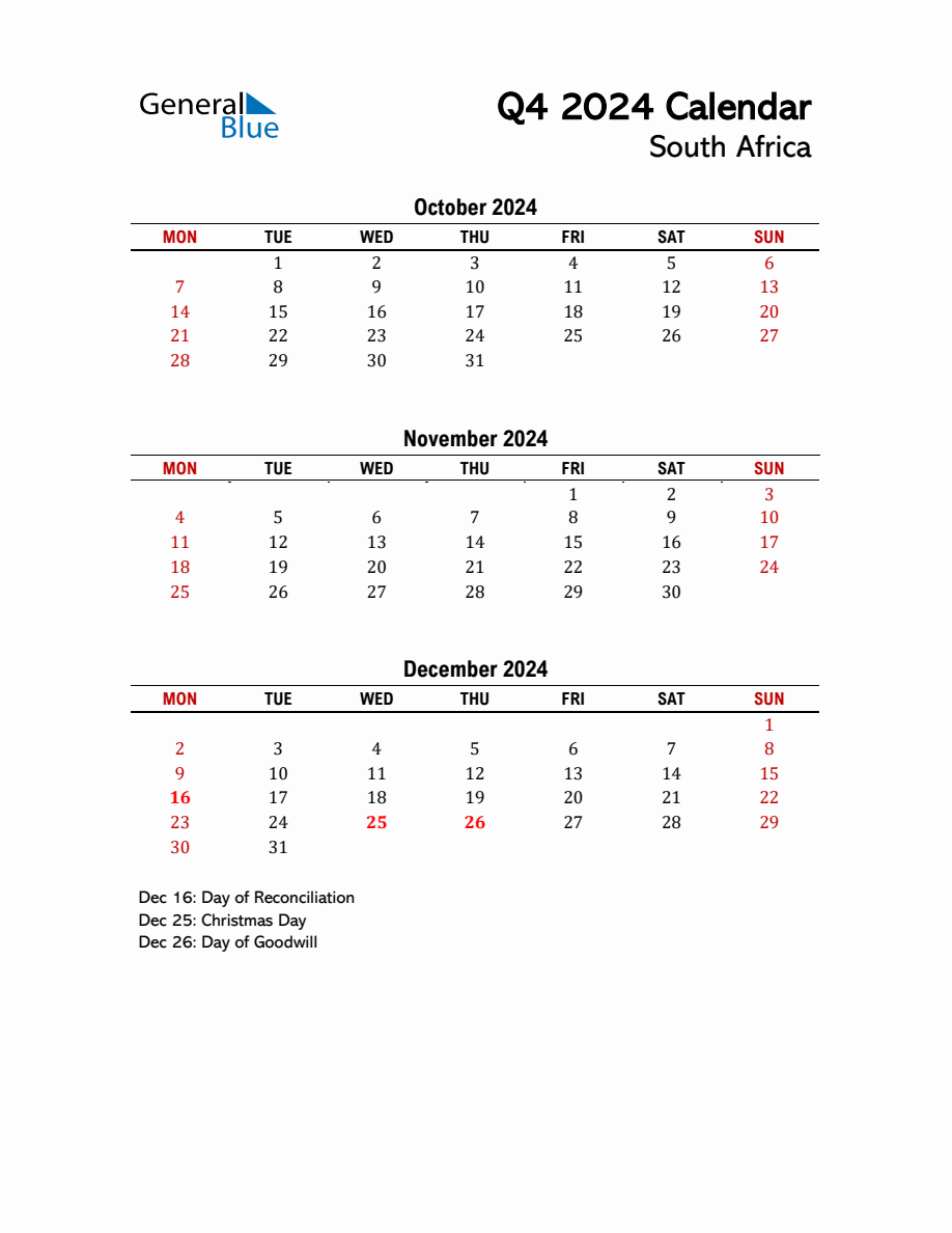 2024 Q4 Calendar with Holidays List for South Africa