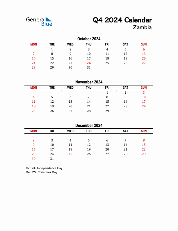 2024 Q4 Calendar with Holidays List for Zambia