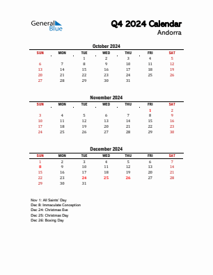 Andorra Quarter 4  2024 calendar template