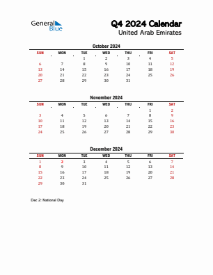 United Arab Emirates Quarter 4  2024 calendar template