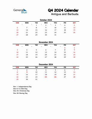 Antigua and Barbuda Quarter 4  2024 calendar template