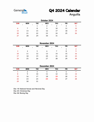 Anguilla Quarter 4  2024 calendar template