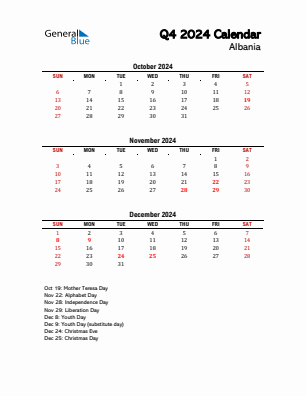 Albania Quarter 4  2024 calendar template