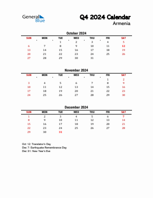 Armenia Quarter 4  2024 calendar template