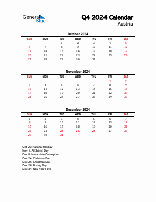 Austria Quarter 4  2024 calendar template