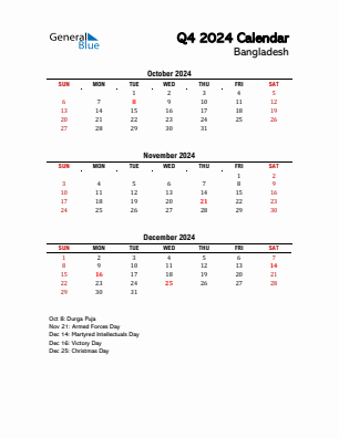 Bangladesh Quarter 4  2024 calendar template