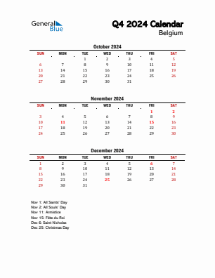 Belgium Quarter 4  2024 calendar template