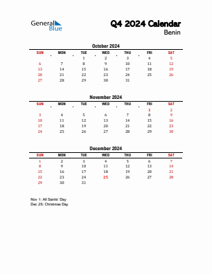 Benin Quarter 4  2024 calendar template