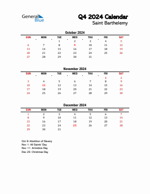 Saint Barthelemy Quarter 4  2024 calendar template