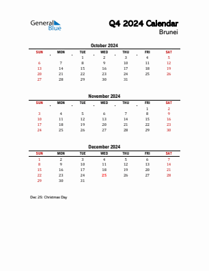 Brunei Quarter 4  2024 calendar template