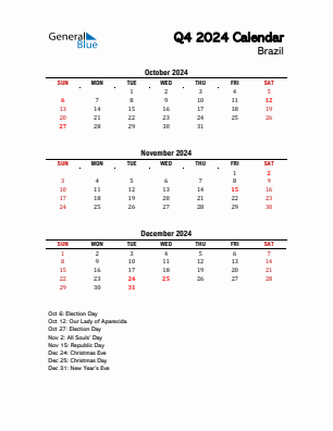 Brazil Quarter 4  2024 calendar template