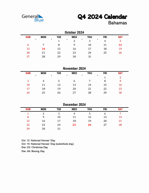 Bahamas Quarter 4  2024 calendar template