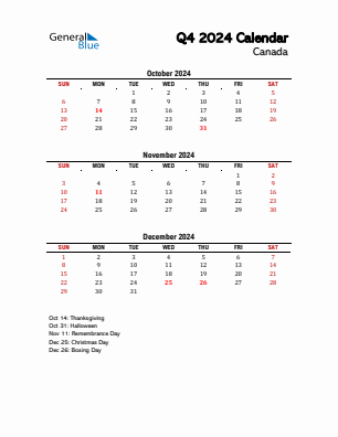 Canada Quarter 4  2024 calendar template