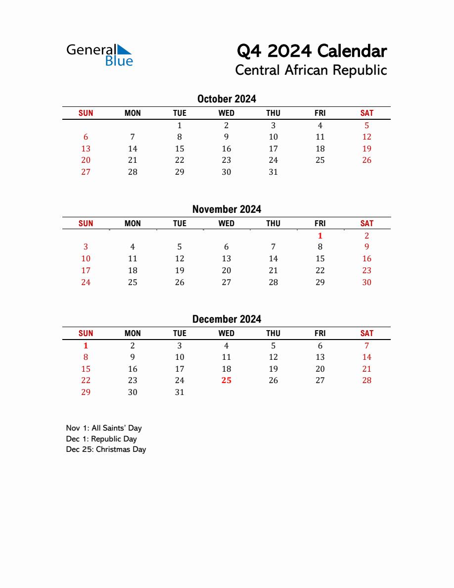 2024 Q4 Calendar with Holidays List for Central African Republic